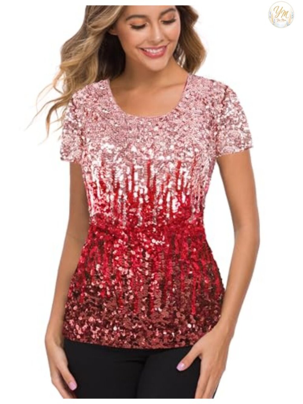 Full Sequin Glitter Party Top Short Sleeve Sparkle Blouse Scoop Neck Dance Shirt